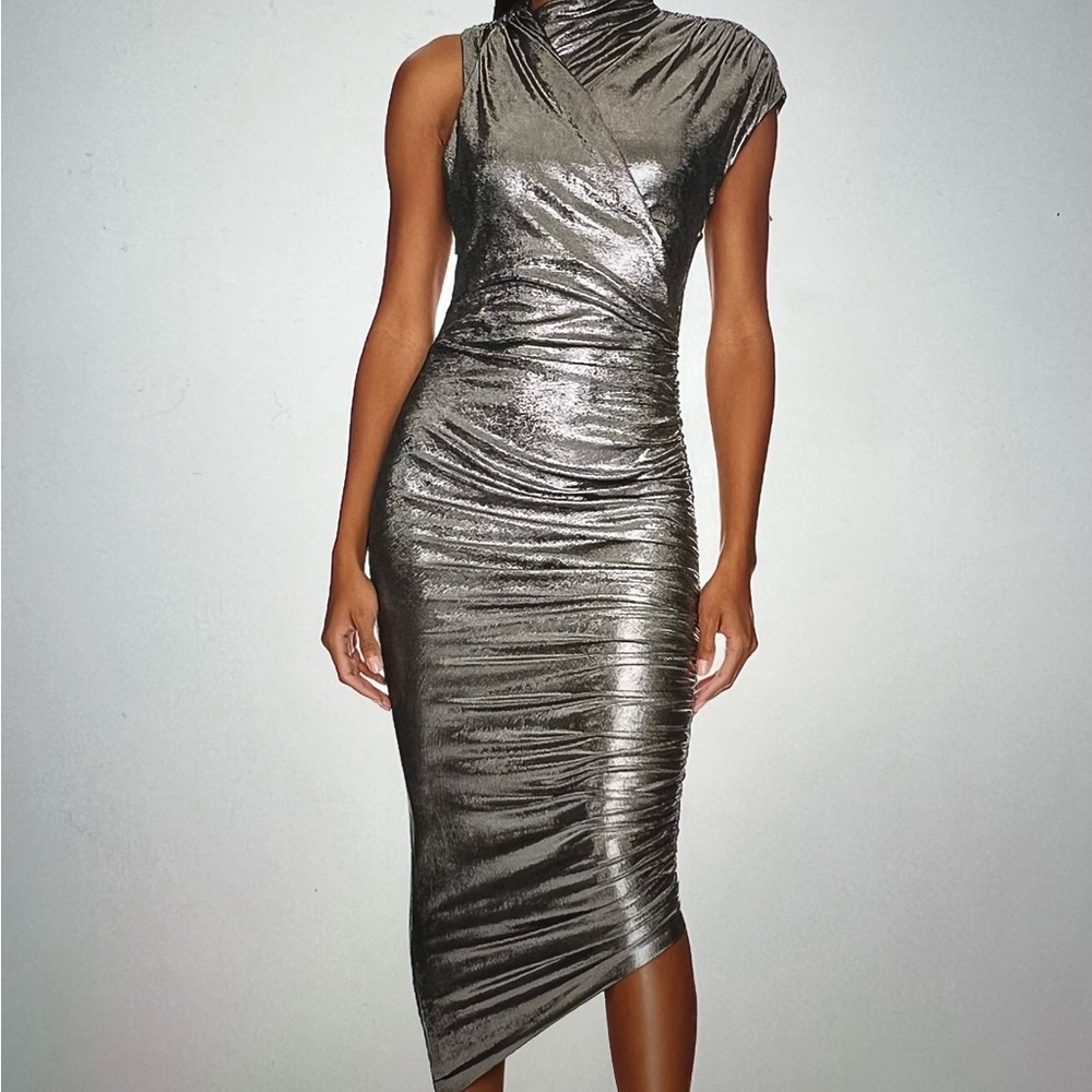 Misha Metallic Silver Asymmetrical Dress - Picture 1 of 13